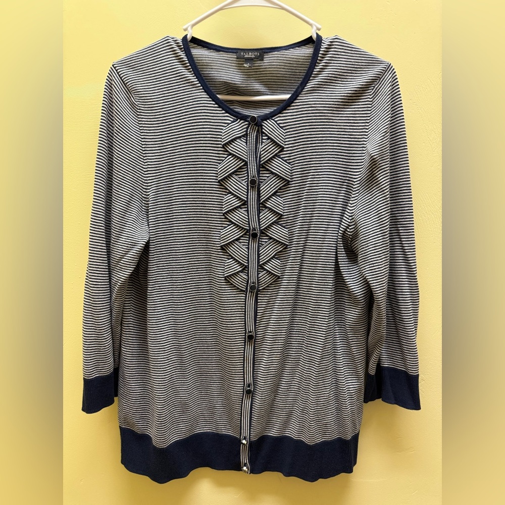Talbots Navy and White Striped Cardigan